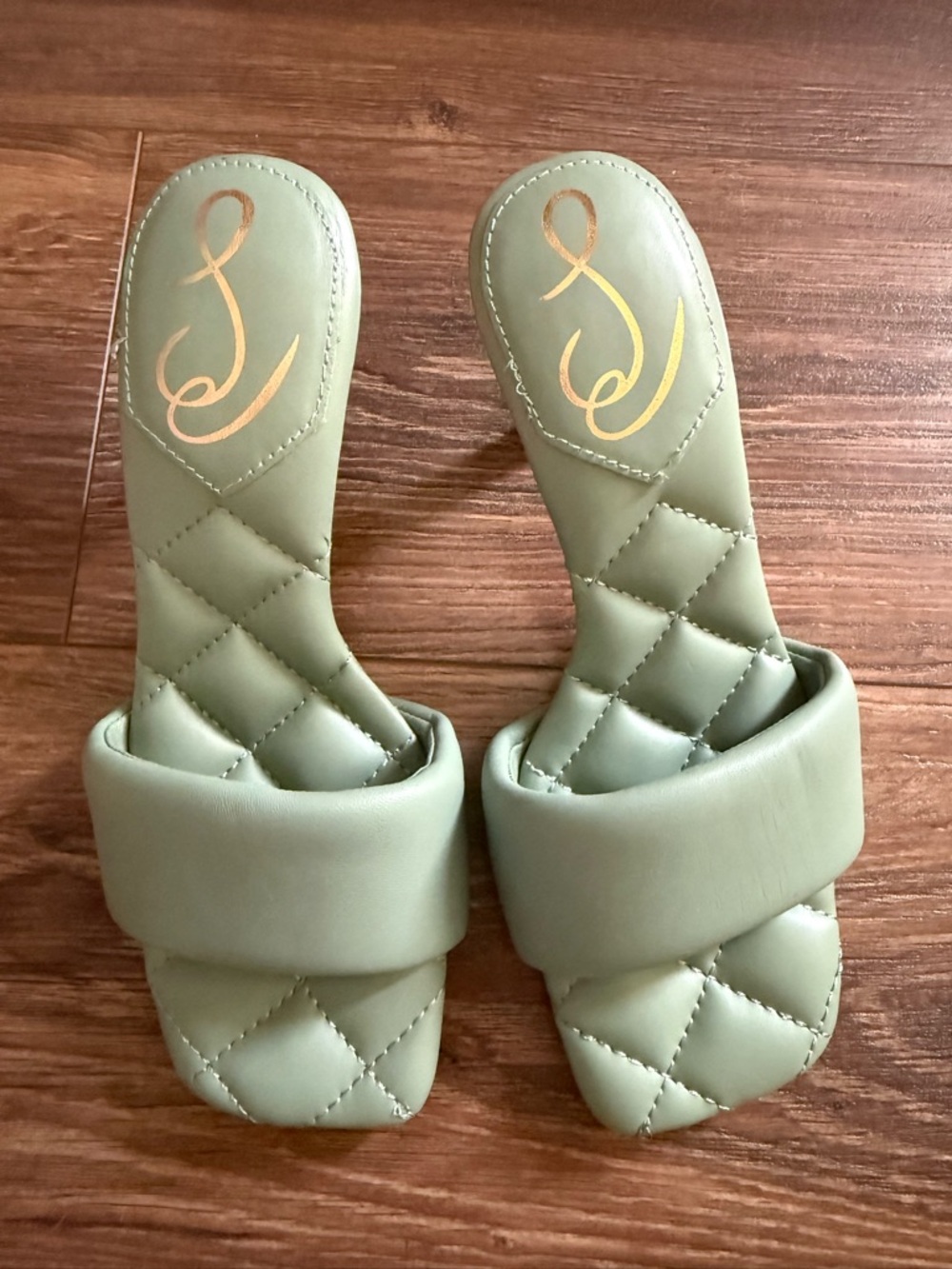 Sam Edelman Starla Quilted Mules in Sage Green with Gold Logo
